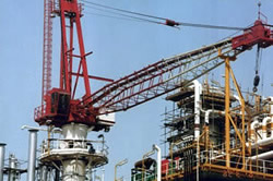 A hose handling crane in service on and oil platform